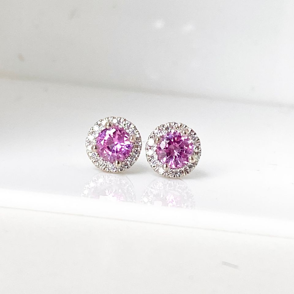 Pink Sapphire Stud Earrings  Diamond Halo 18k Gold