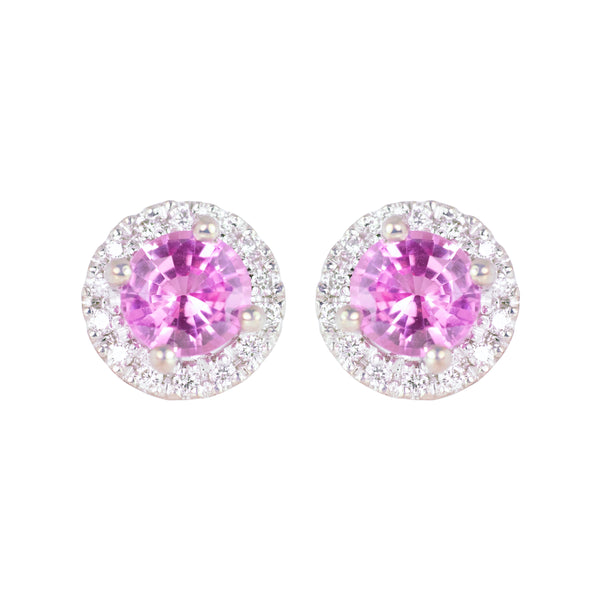 Pink Sapphire Stud Earrings with  Diamond Halo 18k Gold