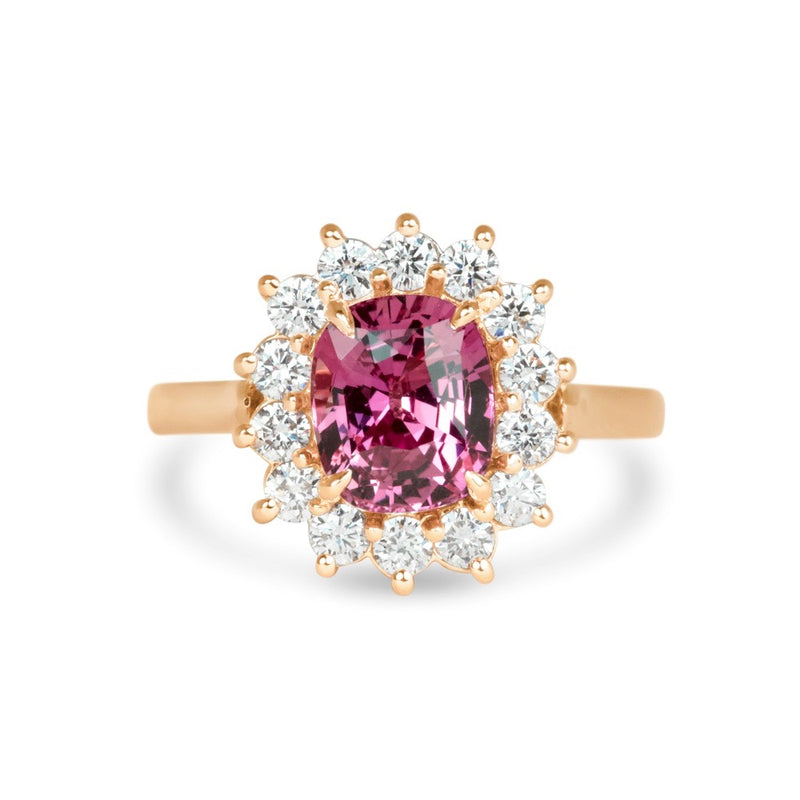 Cushion Pink Sapphire Engagement Ring with Starburst Diamond Halo