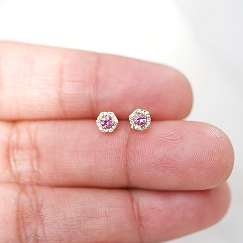 PETRA Mini Pink Sapphire Hexagon Diamond Halo Stud Earrings in 18k Gold