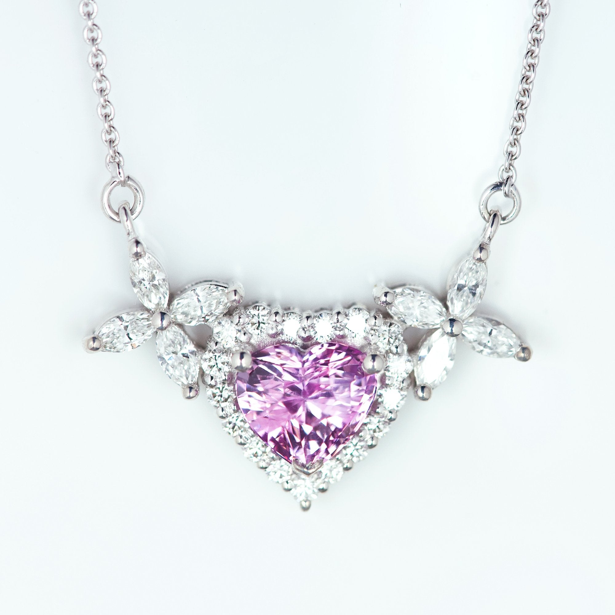 Pink Heart Sapphire Diamond White Gold Necklace