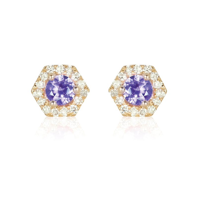 PETRA Mini Purple Sapphire Hexagon Diamond Halo Stud Earrings in 18k Gold