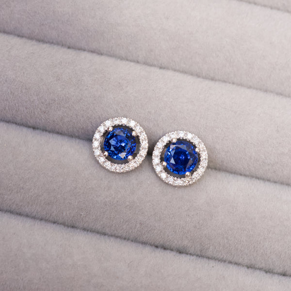 Royal Blue Sapphire Floating Halo Stud Earrings White Gold