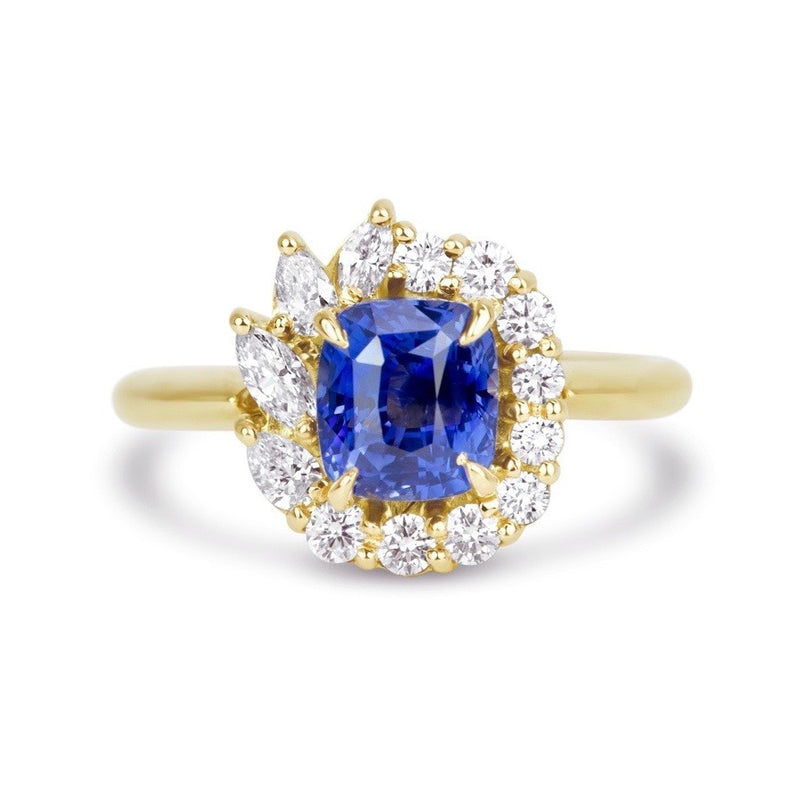 Royal Blue Sapphire Diamond Cluster Halo Engagement Ring