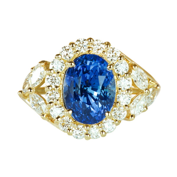 Royal Blue Sapphire Floral Design Engagement Ring
