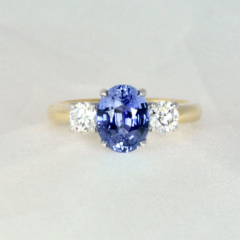 Cornflower Blue Sapphire Oval Triology Engagement Ring Two Tone