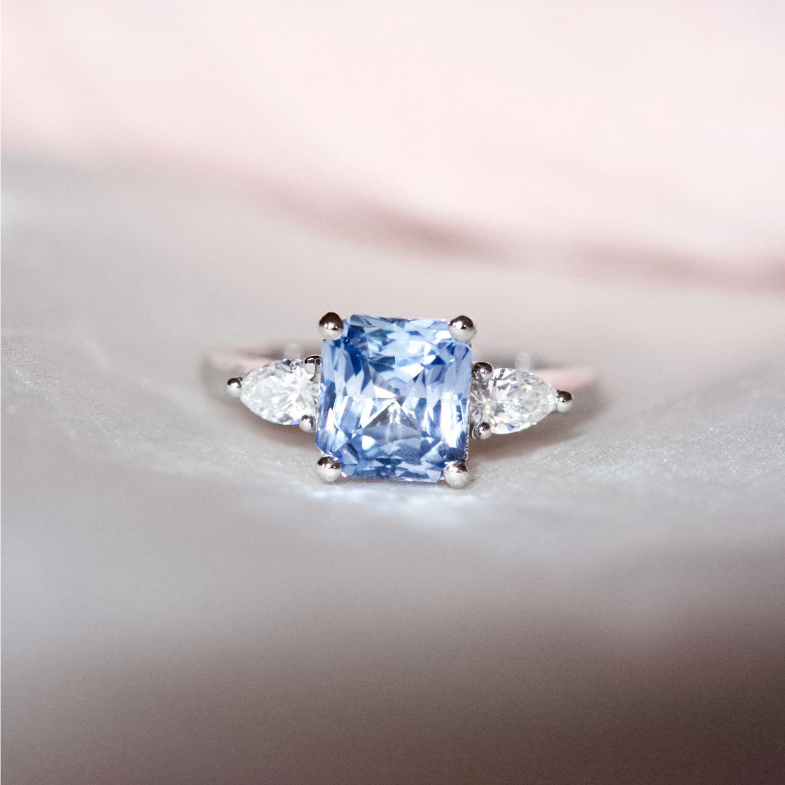 Ceylon Sky Blue Sapphire Diamond Trilogy Engagement Ring