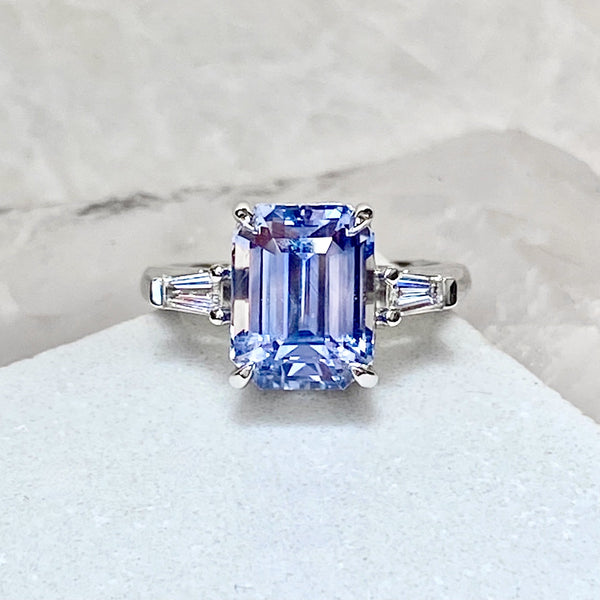 sky blue emerald cut sapphire engagement ring unheated