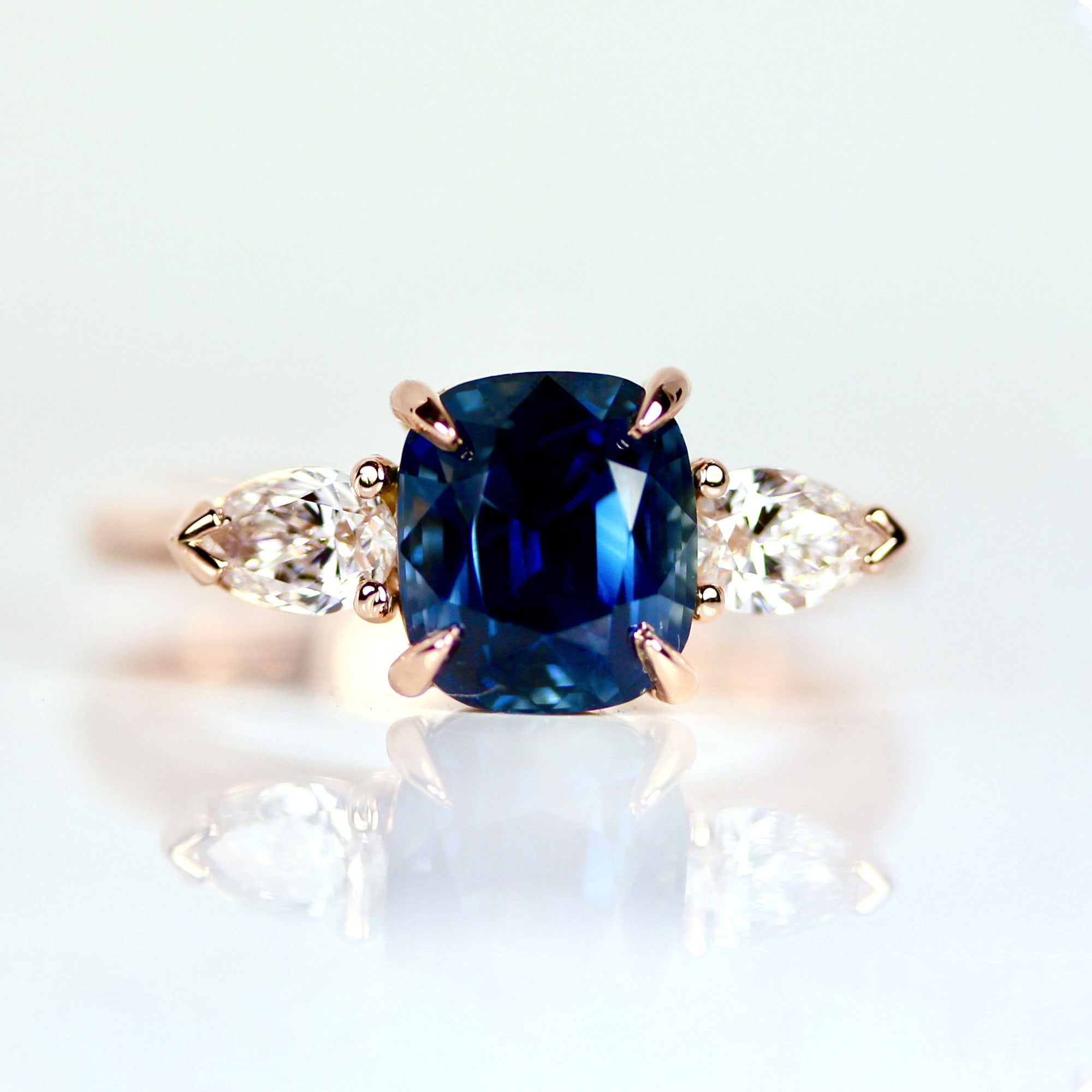 Teal Blue Cushion Sapphire Rose Gold Engagement Ring