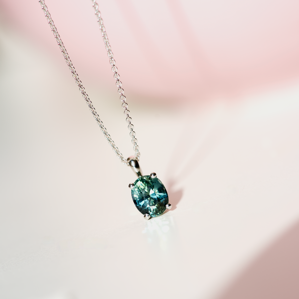Teal Green Sapphire Oval Solitaire Pendant White Gold