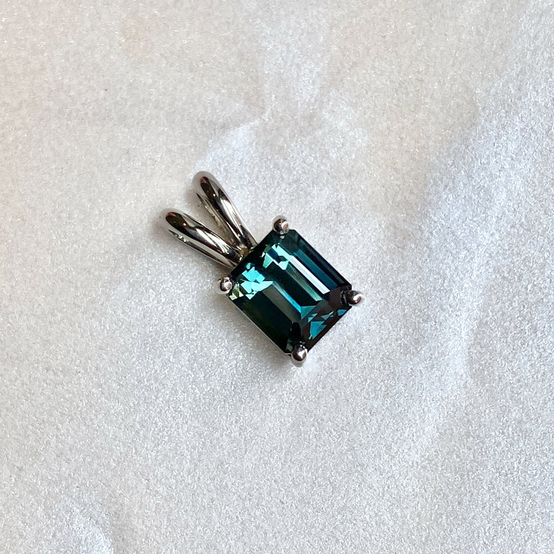 Teal Blue Sapphire Pendant in White Gold