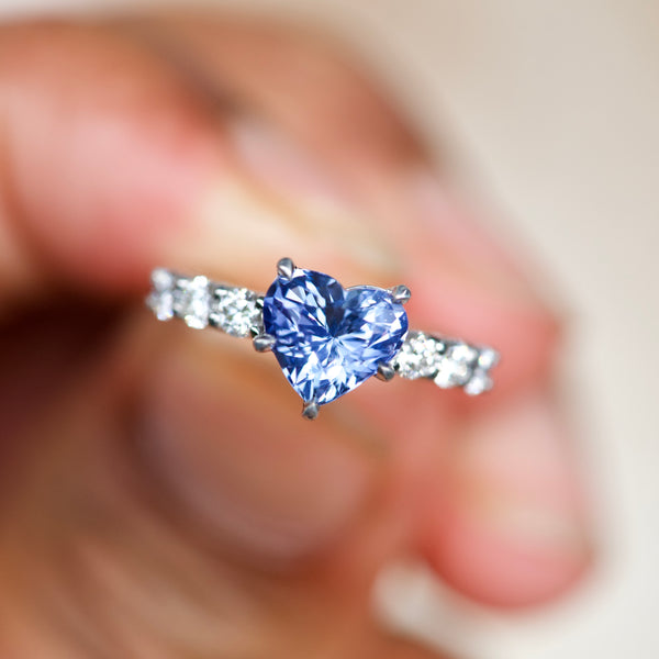Cornflower Blue Sapphire Heart Diamond Band Engagement Ring